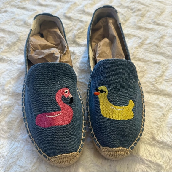 Soludos x Mary Matson Denim Embroidered Flamingo and Duck Espadrilles Size 9 - Picture 6 of 11